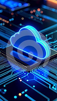 Cloud computing concept with illuminated cloud and circuit board design