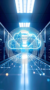 Cloud computing server room with glowing network data visualization