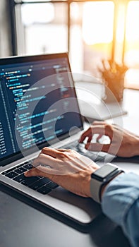 Coding on laptop hands typing computer screen technology concept