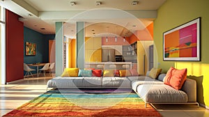 Colorful living room with yellow, blue, and orange walls. White couch with colorful pillows and.