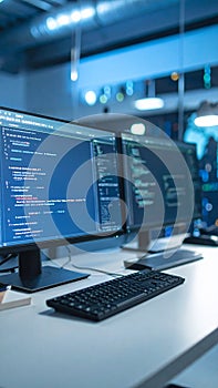Computer screens displaying code in a modern technology office setting, data analysis concept.