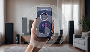Controlling home sound system with a mobile app. Hand holding smartphone photo