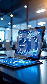 Corporate technology digital display with global market data and analytics charts on a blue screen