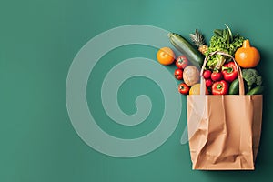 Generated image. Craft package with a lot of fresh eco food on a green background