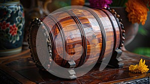 A crafted wooden "Raban" drum, a traditional instrument used during Sinhalese New Year celebrations. The drum is photo