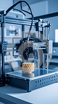 3D printer creating a geometric object in a modern laboratory setting.