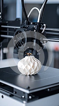 3D printer printing a white geometric object close up