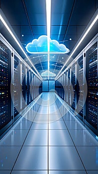 Data center with cloud computing network and server racks, modern technology.