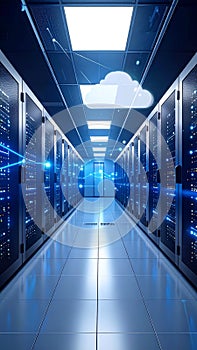 Data center server room with cloud computing concept and network connections