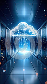 Data center server room with glowing cloud computing concept visualization
