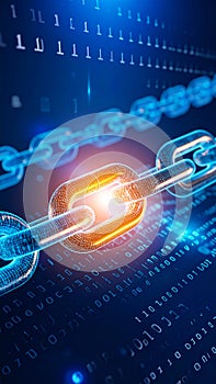Digital blockchain concept with glowing chain links and binary code background