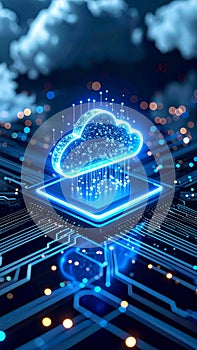 Digital cloud computing concept with a glowing circuit board and data transfer.