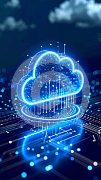 Digital cloud computing concept with glowing circuit board and data transfer illustration