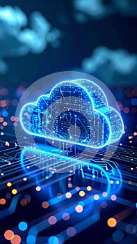 Digital cloud computing concept with glowing circuit board design and data transfer