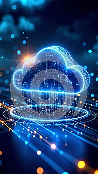 Digital cloud computing concept with glowing lines and data transfer.