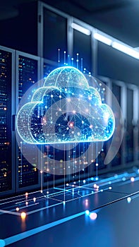 Digital cloud computing concept with glowing network lines and server racks in data center.
