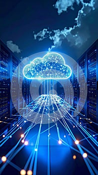 Digital cloud computing concept with server racks and data transfer lines