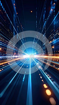 Digital Data Flow Through Futuristic Cityscape with Binary Code and Lights