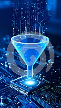 Digital data funnel processing information flow through circuit board