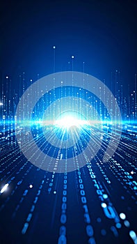 Digital data stream abstract background with binary code and glowing light