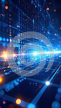 Digital data stream abstract background with binary code and glowing lights