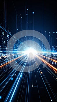 Digital data stream abstract background with glowing lines and binary code