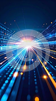 Digital Data Stream with Binary Code and Light Rays