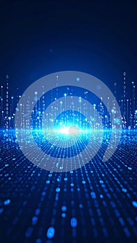 Digital data stream flowing upwards with binary code and bright light