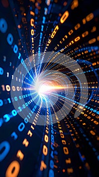 Digital data tunnel with binary code, bright light at the end, technology concept.