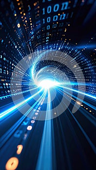 Digital data tunnel with binary code and light, futuristic technology concept.