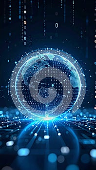 Digital globe with binary code and data streams, representing global network and technology.