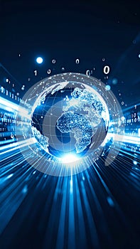 Digital globe with binary code and data streams, representing global network and technology.