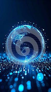Digital globe with binary code and data streams, representing global network and technology