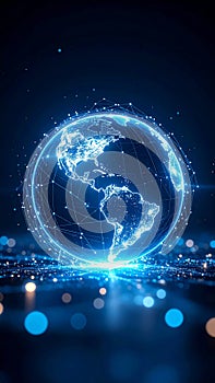 Digital glowing globe with network connections and data visualization on dark background