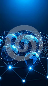 Digital network of connected globes representing global communication and data transfer