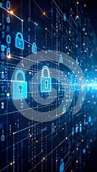 Digital security concept with glowing padlock symbols and binary code.