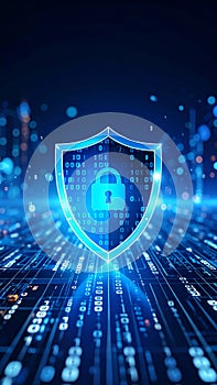 Digital Security Shield with Lock Symbol on Futuristic Binary Code Background