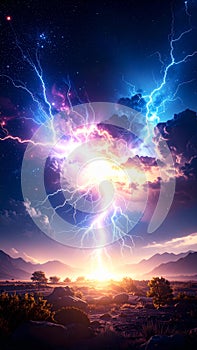 Dramatic lightning storm over a landscape with mountains and clouds at sunset