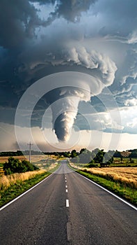 Dramatic Tornado Over Country Road and Fields Thunderstorm Sky