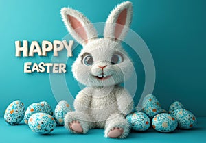 Easter illustration eggs and bunny on pastel blue background, text Holidays, spring, copy space, 3d rendering