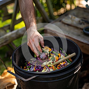 Generated image. Ecological life concept. Man throwing waste for compost