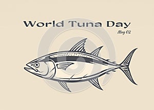 An elegant minimalist poster for World Tuna Day with a stylized fish illustration, set against a neutral background photo
