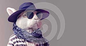 Elegant white bunny with stylish neck scarf, sunglasses and sunhat, ready for summer vacations photo