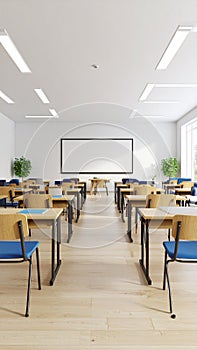 Empty modern classroom with projector screen desks chairs and bright windows