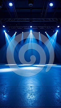 Empty Stage Lit with Blue Spotlights Performance Space