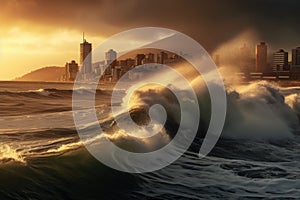 Generated image of an extreme storm hitting the city coast. Big waves and water splashing. Natural disaster. The effects