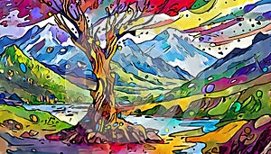 Generated image: Fanciful landscape image with trees and mountains