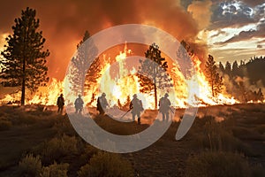 Fire brigade extinguishes a fire in the forest