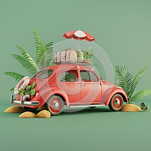 Generated image. Funny red retro car with summer vacation accessories on the beach and palm trees