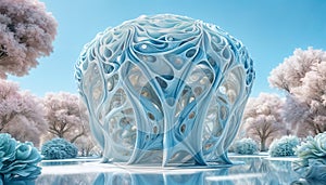Futuristic building. Biomorphic architecture. Fantastic blue bioscape design photo